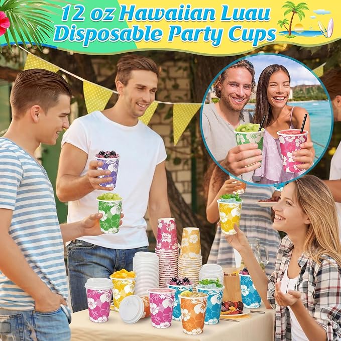 FoldTier 60 Pcs 12 oz Hawaii Hibiscus Paper Cups with Lids Summer Luau Disposable Drinking Cups Tropical Hawaiian Aloha Drinkware Beach Party Drinking Supplies for Cold Beverage Drinks(Summer)
