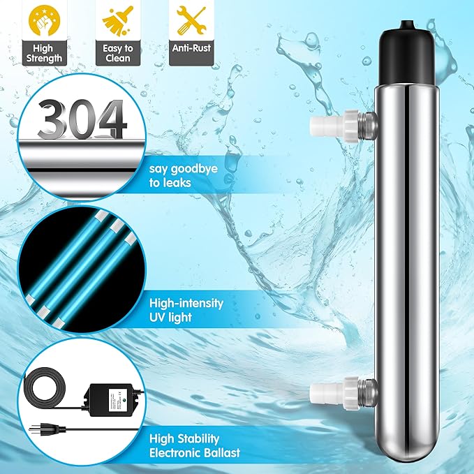 Qualirey 12W UV Pond Water Clarifier, Stainless Steel in-Line UV Light for Koi Pond, Aquarium, Fish Tank, Fountain & Cold Plunge Water Clarity, External Use Only, Not Submersible