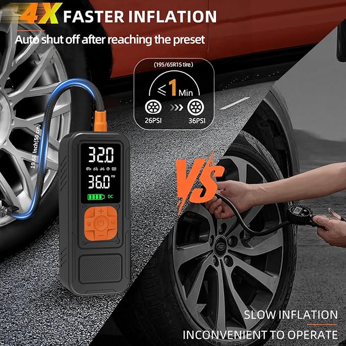 Y34 Tire Inflator Portable Air Compressor,4X Faster Inflation,10000mAh Cordless/12V DC 150PSI Air Pump for Car Tires with Digital Pressure Gauge/LED Light for Car,Motorcycle,Bike,Ball