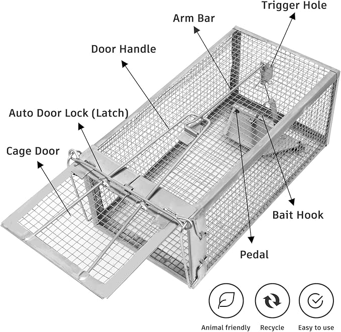 Humane Rat Trap - Catch & Release Chipmunks,Rats & Mice,Live Mouse Trap for Indoor & Outdoor Use ， No-Kill Rodent Trap for Home, Yard, Garage ，Reusable Metal Cage 10.5"x5.5"x4.5"(2pack)