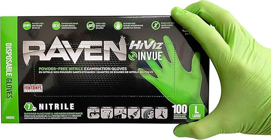 SAS Safety RAVEN HiViz Neon Green Nitrile Gloves (formerly Derma VUE), Size LARGE, 7 MIL, Powder Free - 10 Boxes of 100 Gloves By Weight (1000 Count)