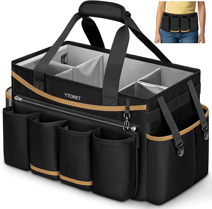 Ytonet Cleaning Caddy Bag with Detachable Apron, Extra Large Cleaning Supplies Organizer with Foldable Dividers, Portable Cleaner Tote with Handle, Cleaner Caddy for Housekeeper, Black