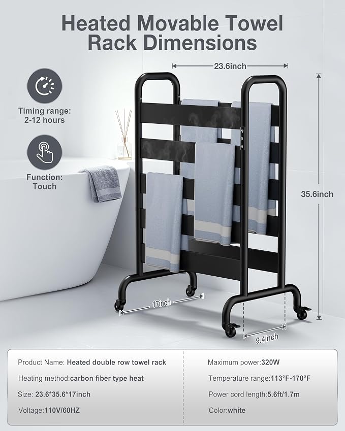 Freestanding Heated Towel Rack 10-Bar, Double Layer Electric Towel Warmer with Wheels, 400W Fast Heating, Adjustable Temperature 110–170°F, Timer & Auto Shut-Off, Space Aluminum, Black