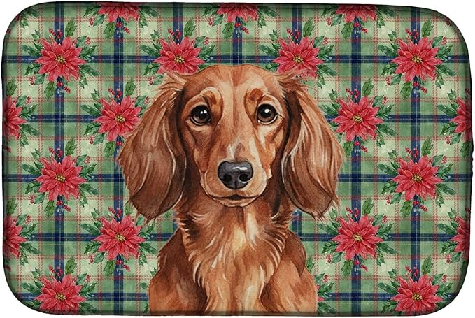 Caroline's Treasures Longhaired Red Dachshund Christmas PoinsettIas Dish Drying Mat Absorbent Dish Drying Mat Pad for Kitchen Counter Dish Drainer Mat for Countertop, 14 x 21", Multicolor