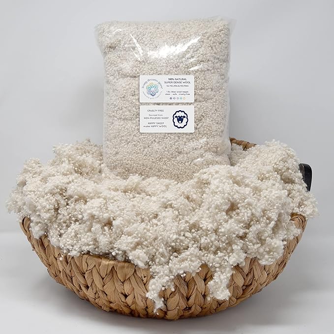 Super Dense Clean Wool Filler for Pillows, Stuffed Animals, Pouf, Pin Cushions, Crafting. 1LB, Natural White Dense