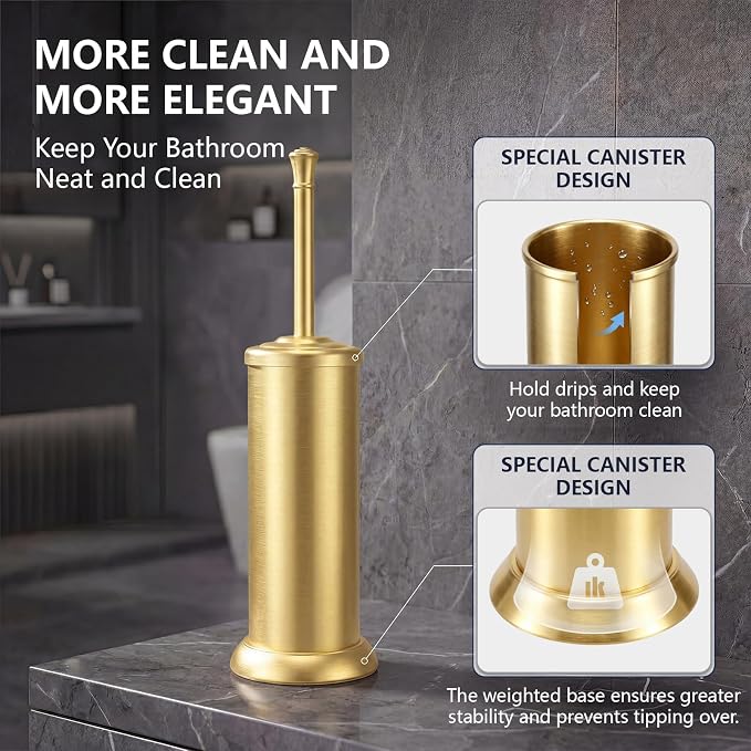Toilet Brush and Holder Set,304 Stainless Steel Heavy Duty Toilet Brush,Extra Long Handle Toilet Bowl Brush and Holder for Bathroom,Durable,Deep Cleaning,Extra Dense Bristles (Gold)