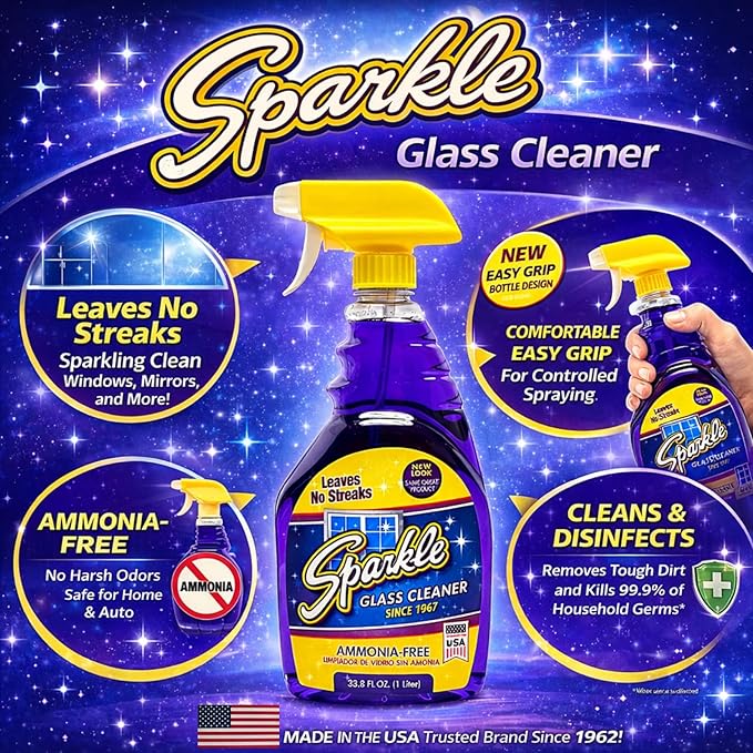 Sparkle Glass Cleaner, Ammonia-Free Streak-Free Formula, 33.8 fl oz Spray Bottle, Safe for Windows, Mirrors & Glass Surfaces (Pack of 2)