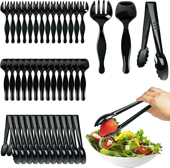 40 Pcs Black Plastic Serving Utensils Set - Large Serving Tongs, Serving Forks, Serving Spoons - Heavy Duty Disposable Serving Utensils for Parties, Buffet, Catering Supplies (Black, 40 Pcs)