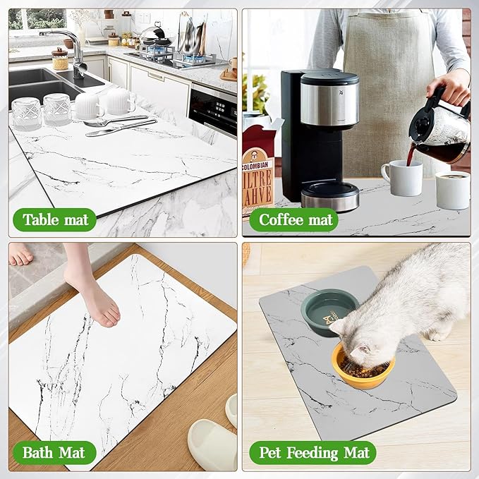 2 Pack Dish Drying Mat For Kitchen Counter,24"x16" Coffee Mat，Absorbent Hide Stain Non-slip Rubber Backed，Easy Clean, Heat-resistant, Large Kitchen Drying Mat（White+Gray）
