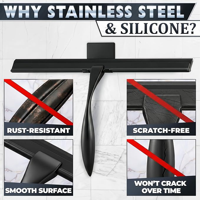 Shower Door Squeegee with Hook - 14" Silicone Blade, Stainless Steel Black Squeegee for Shower Glass with Adhesive Mount - All-Purpose Bathroom Tile, Mirror, & Window Wiper for Streak-Free Cleaning