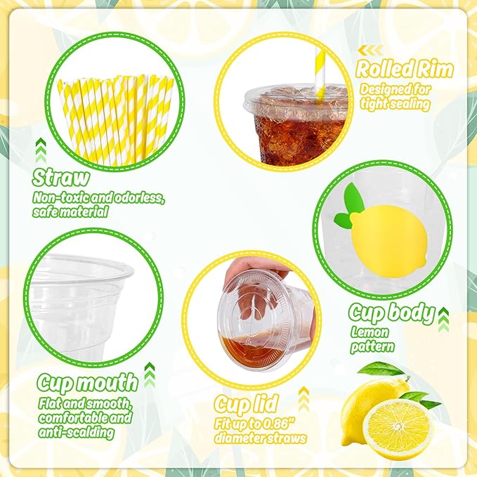 Whaline 50 Pcs Lemon Disposable Plastic Cups with Lids and Straws, 12 Oz | Yellow Summer Fruit, Cold Beverage Drinking Cups, for Birthday Baby Shower Party Supplies