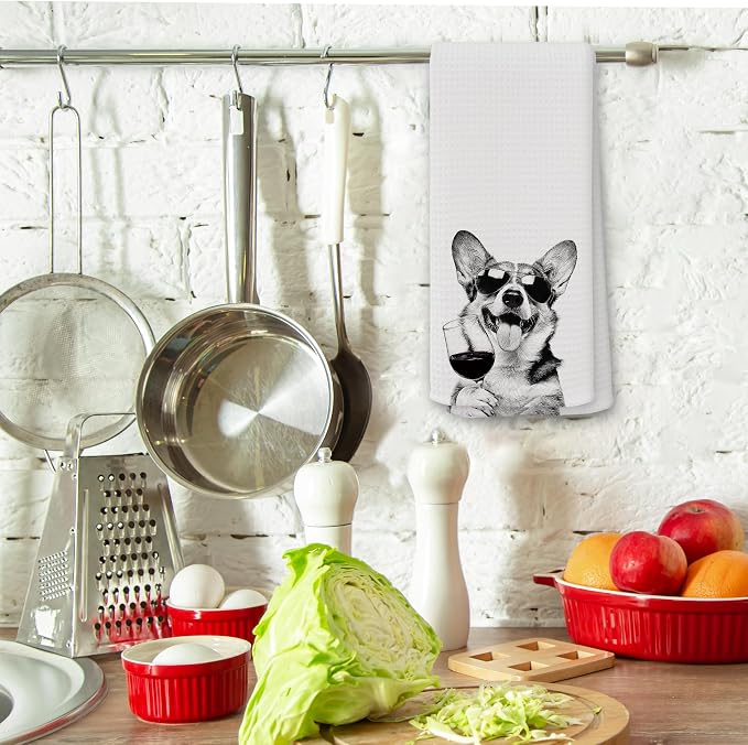 Funny Poodle Corgi Kitchen Towels, Gifts for Dog Wine Lovers, Bar Accessories Dish Tea Towels for Kitchen, Dog Owners Housewarming Gift Decorative Hand Towel 16x24 Inch