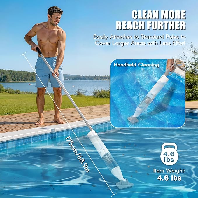 Powerful Pool Vacuum for Above Ground Pool, 16 GPM Handheld Spa Hot Tub Vacuum with Extra Long 98.4" Extendable Pole, 60Mins Cordless Rechargeable Cleaner for Inflatable Pools, Steps, Sand & Debris