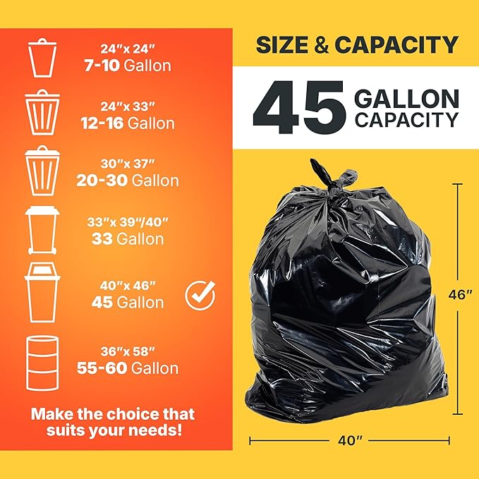 Bagtron 45 Gallon Trash Bags, 30 Micron Heavy Duty Pure LDPE Garbage Can Liners, 40" x 46" Large, Black, 100 Count
