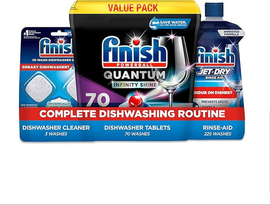 Finish Quantum Clean Bundle - Quantum Dishwasher Detergent Pods (70ct), Jet Dry Rinse Aid (23oz) for Residue & Hard Water, Dishwasher Cleaner (8.45oz) Deodorizer &Limescale Removal