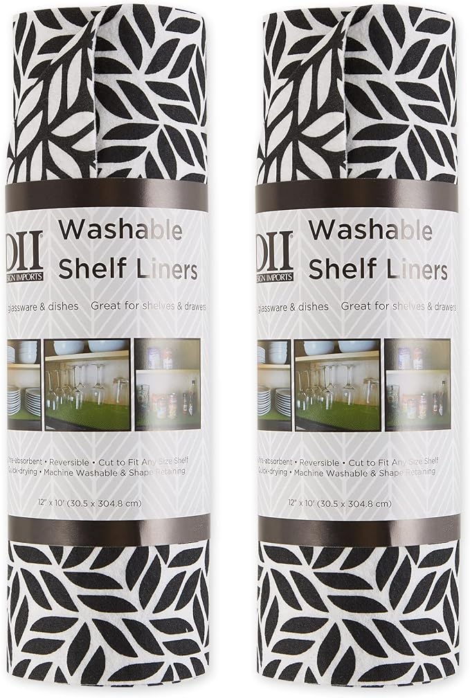 DII Fridge & Shelf Liner Collection Non-Adhesive, Cut to fit, Machine Washable, 12x20, Black Abstract Leaf, 2 Piece