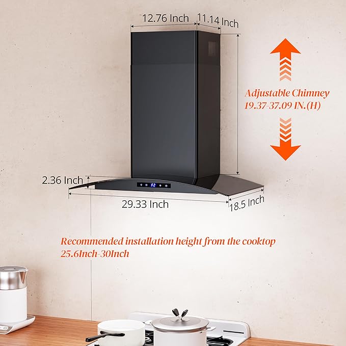 FIREGAS Range Hood 30 inch, 600 CFM Wall Mount Glass Kitchen Hood Ducted/Ductless Convertible with 3-Speed Fan, Screen Control, Time Setting, LED Lights, Black Painted Stainless Steel Vent Hood