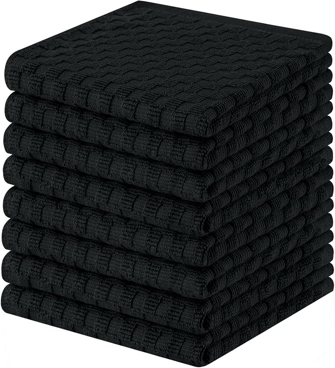 Homaxy 100% Cotton Terry Kitchen Dish Cloths, Ultra Soft Absorbent Dish Towels with Hanging Loop, Pineapple Grid Designed, 12 x 12 Inches, 8-Pack, Black