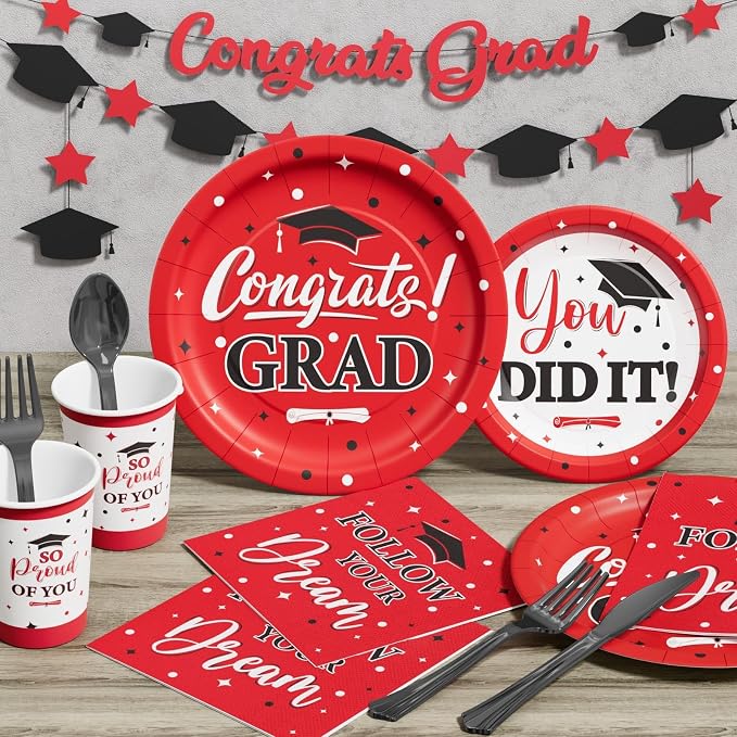 Graduation Decoration Class of 2026, 175PCS Graduation Party Supplies Disposable Dinnerware(Serve 25) with Paper Plates Cup Napkin Fork Knife Spoon College High School Grad Decor (Red & Black)