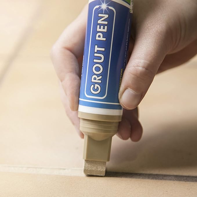 Grout Pen Tile Paint Marker: Waterproof Grout Colorant and Sealer Pen to Renew, Repair, and Refresh Tile Grout - Cleaner Coating Stain Pens - 2 Pack, 15mm Wide White and 15mm Wide Beige Tip