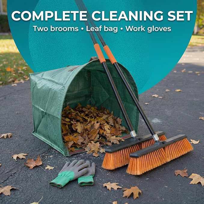 HELOMOR 2-Pack 19” Outdoor Push Brooms with 62” Long Handles – Heavy Duty Brooms for Driveway, Deck, Garage & Patio, Includes Dustpan Bin and Work Gloves