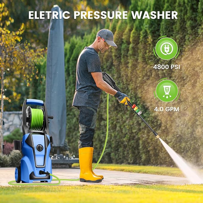 Electric Pressure Washer 5000PSI Adjustable Max 4.0GPM with 33FT Flexible Extension Hose, 4 Nozzles, Foam Cannon, Power Washer Powered for Cars, Patios, Driveways, Blue
