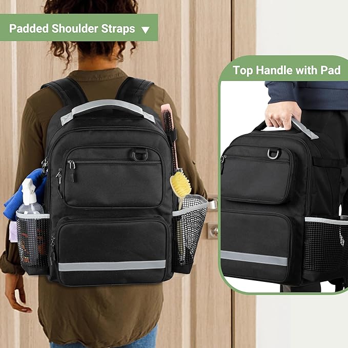 HODRANT Cleaning Backpack with Bottom Plate & Waterproof Bottom, Large Supplies Bag with Multiple Pockets for Housekeeping Tools, Cleaning Products Caddy Organizer for Home & Car