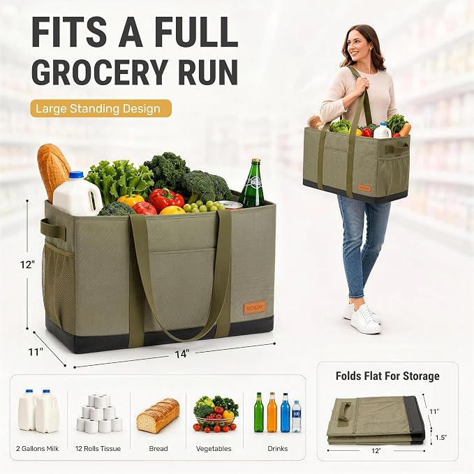 WONDAY Extra Large Utility Tote Bag - Standing Reusable Grocery Bag with Handle, Collapsible Storage for Shopping, Beach