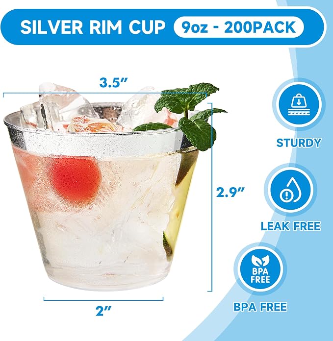RACETOP 9 oz 200 Pack Clear Plastic Cups, Disposable Clear Plastic Cups With Silver Rim for Parties, Gatherings, Weddings, and Festival Events