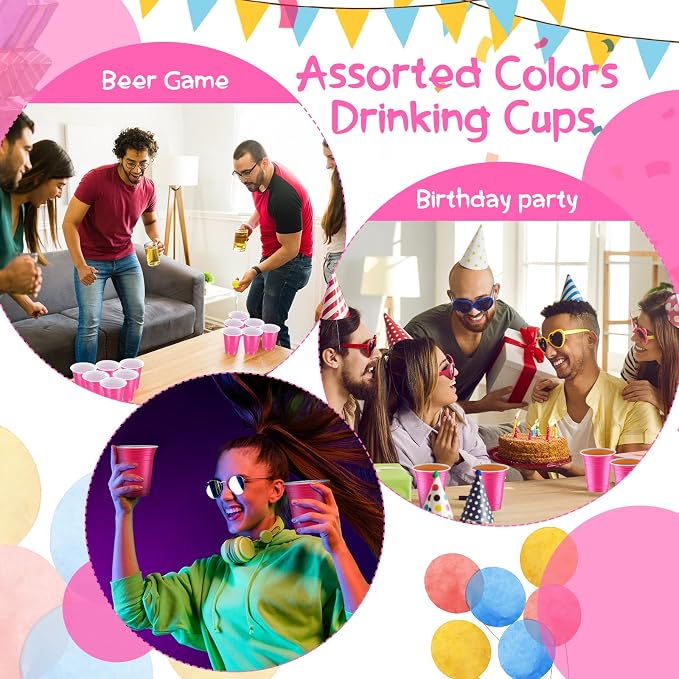 Sabary 100 Pack 12oz Plastic Cups Pink Wedding Heavy Duty Drinking Disposable Cups with Lines for Beverage Graduation Holiday Camping Barbecues Birthday Party Summer Outdoor Picnic(Pink and White)