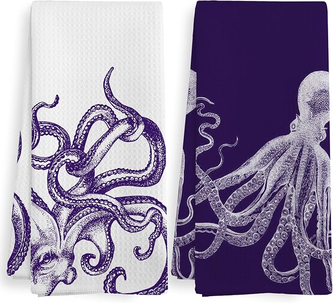 Coastal Octopus Halloween Decor Dish Hand Tea Towels for Bathroom Kitchen, Octopus Ocean Cryptid Spooky Home Bathroom Decor, Coastal Nautical Kitchen Towels and Dishcloths Sets of 2, 16x24 In