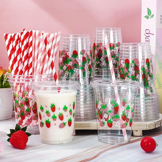 FYSUIMU 50Pcs 12Oz Strawberry Floral Plastic Cups with Lids & Straws Pink Red Strawberry Flower Clear Disposable Cups for Spring Summer Party Supplies