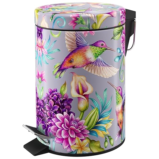 Sanilo Small Bathroom Trash Can with Lid [1.3 Gallon] - Lidded Tiny Trashcan for Garbage - Mini Metal Bin with Soft Closing Mechanism - Bath Room Accessoire Wastebin with Inner Bucket (Hummingbird)