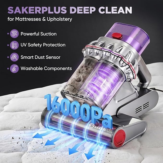SakerPlus Powerful Bed Vacuum Cleaner, 350W Corded Mattress Vacuum with 2-Cup System,Smart Dust Sensor,Washable Dust Cup & Roller Brush for Mattress, Sofa(16.4 ft Corded)