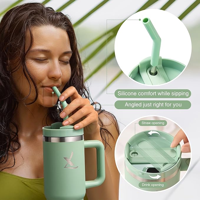 lexlion FlowOne Tumbler with Handle and Straw Lid– Insulated Stainless Steel Travel Mug – BPA-Free, Leakproof, Dishwasher Safe – Hot and Cold Drinkware – Car Cup Holder Fit (Sage Green, 40 Ounce)