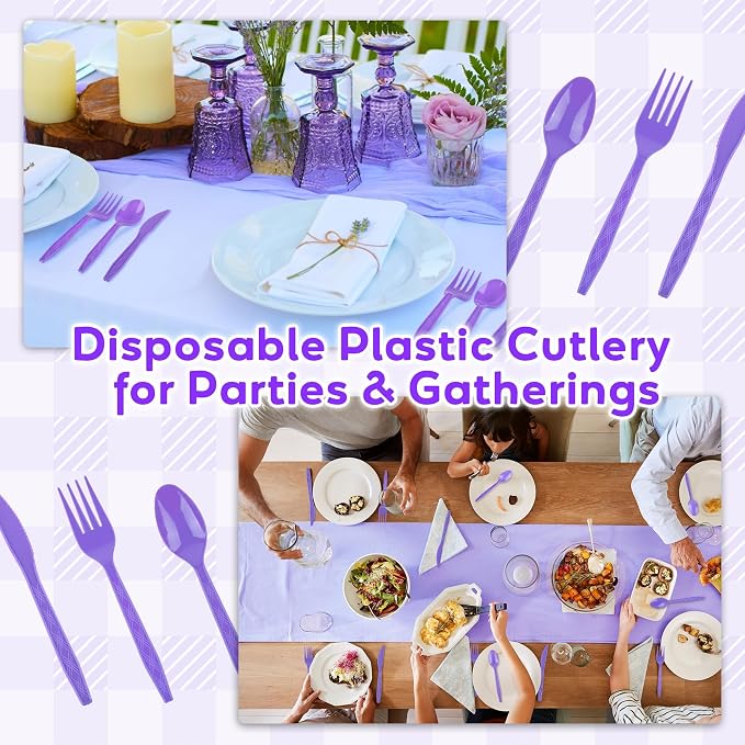 Kochorie 90 Pieces Purple Plastic Cutlery Set Disposable Plastic Utensils Heavy Duty Flatware Set Include 30 Knives 30 Forks 30 Spoons for Graduation, Wedding, Birthday Party Supplies