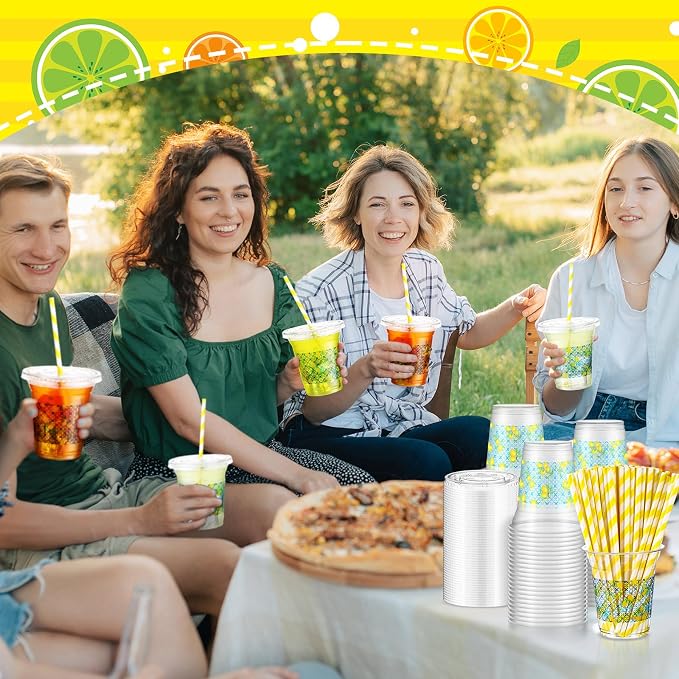Umigy 100 Pack Plastic Disposable Cups with Lids and Straws 12 oz Disposable Cups for Juice Water Coffee Summer Party Sports Party Supplies (Capri Lemon)