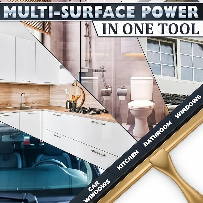 Shower Door Squeegee with Hook - 12" Silicone Blade, Stainless Steel Gold Squeegee for Shower Glass with Adhesive Mount - All-Purpose Bathroom Tile, Mirror, & Window Wiper for Streak-Free Cleaning