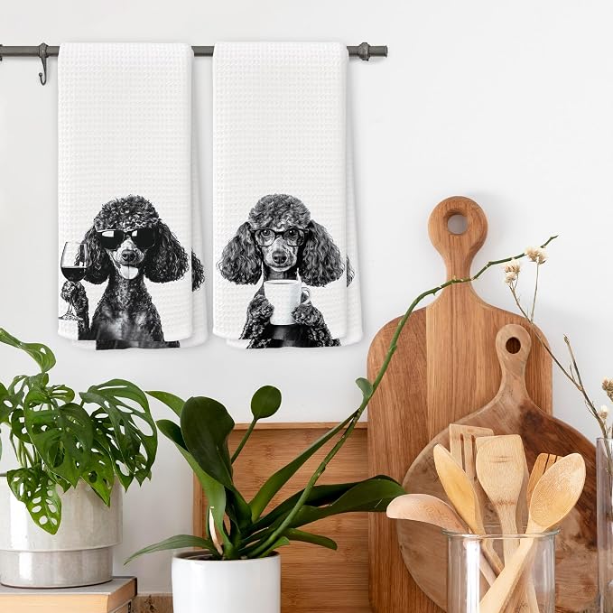 Funny Black Poodle Kitchen Towels Set of 2, Wine and Coffee Lover Gifts, Bar Accessories Dog Dish Tea Towels for Kitchen, Housewarming Gift Cute Animal Decorative Hand Towel 16x24 Inch
