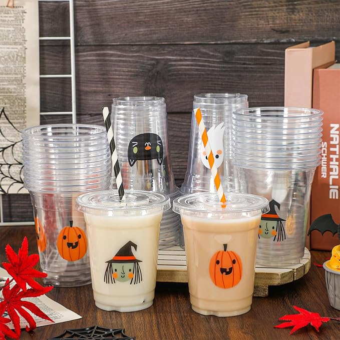 Whaline 48Pcs 12Oz Halloween Plastic Cups with Lids & Straws Ghost Pumpkin Black Cat Disposable Clear Drinking Cups for Holiday Birthday Party Supplies