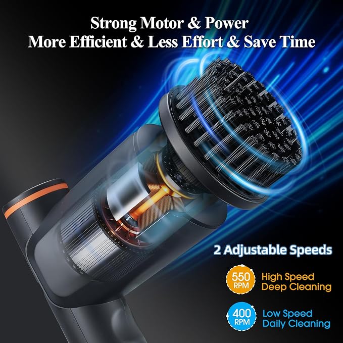 Electric Spin Scrubber,Cordless Shower Scrubber with LCD Display,Upgraded Motor 400/550RPM,2 Speeds Electric Scrubber with 6 Replaceable Heads,Handheld Cleaning Brush for Kitchen/Bathroom/Tile/Tub