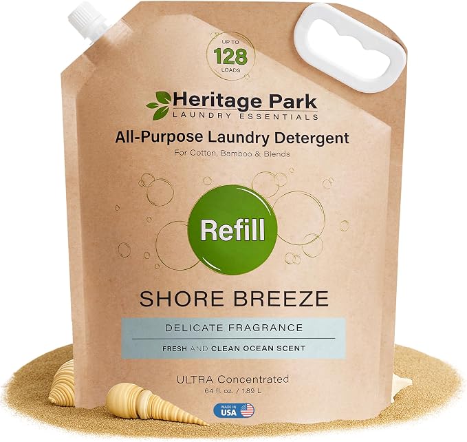 Heritage Park Luxury Laundry Detergent | Dermatologist Tested Plant based Natural & Enzyme Laundry Detergent | Sensitive Skin Friendly - Shore Breeze (64 fl oz Refill)