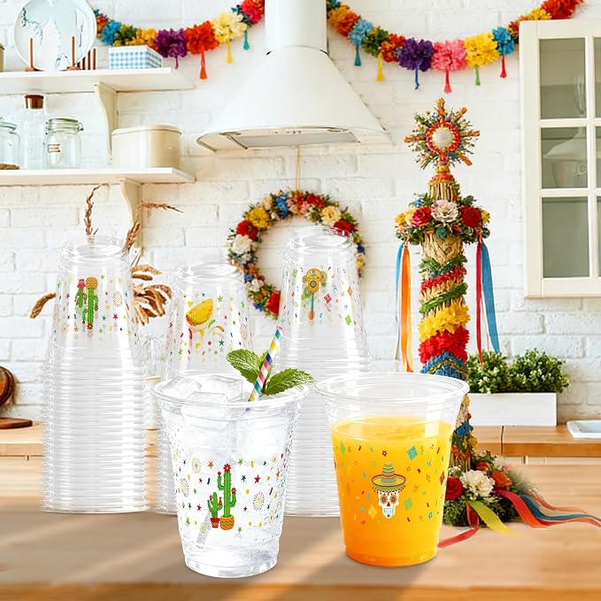 100 Pack Fiesta Plastic Cups 12 oz 2 Styles Mexican Cinco De Mayo Disposable Cups Mexican Party Favor Drinking Beverage Cup for Taco Birthday Hispanic Heritage Month Party Supplies