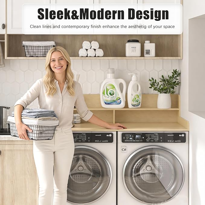 Piskyet Washer Dryer Countertop,2- Tier Laundry Countertop with Edge Rails,27.5" Depth x 54" Wood Countertop,Laundry Machine Topper for Laundry Room Organization and Storage(Natural Wood Color)