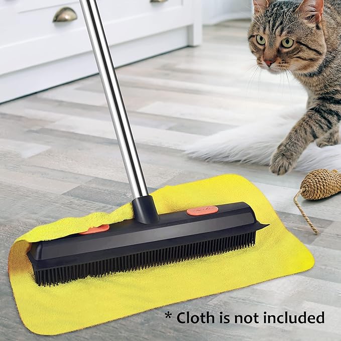 LandHope Carpet Rake for Pet Hair Remover Long Handle with Squeegee, Rubber Broom Carpet Brush Non Scratch Bristles Fur Remover Indoor Outdoor Push Broom for Cat Dog Hair Hardwood Tile Windows Clean