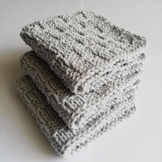 Light Grey Cotton Set 3 Dishcloths Kitchen scowing pad Drink Absorbent Reusable Washcloth Handmade Ecology Rags Knitwear