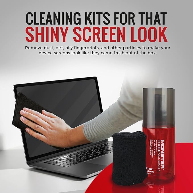 Monster Screen Cleaner Kit, 6.7 oz (200 mL), Microfiber Cloth, White/Black/Red, for HDTVs, Tablets, Laptops, Smartphones, Eyeglasses