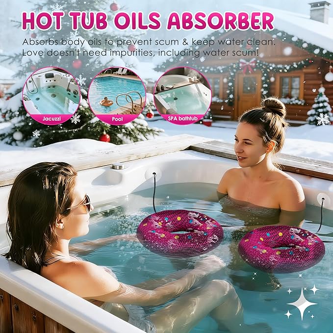 Ray Hot Tub Scum Absorber - Reusable Stingray Floating Spa Sponge & Oil Remover with Optional Tether - Washable Devilfish Oil Absorbing Sponge for Jacuzzi, Pool, and Bath (Donut 2 Pack)