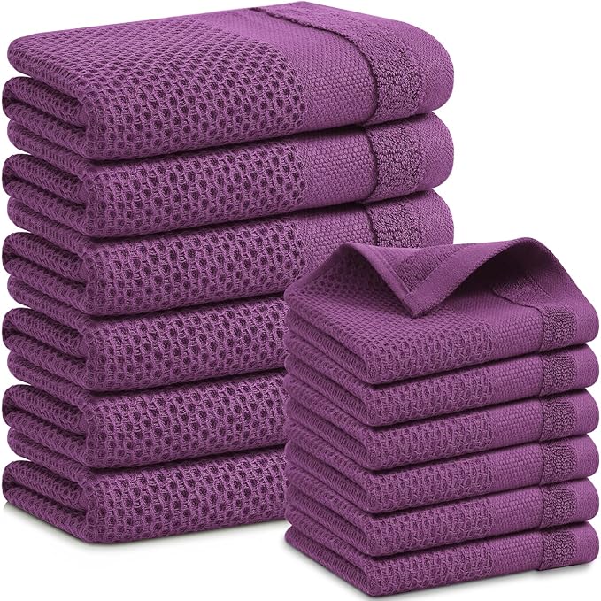 Homaxy Kitchen Towels and Dishcloths Set, 12 x 12 and 13 x 28 Inches, Set of 12 100% Cotton Waffle Weave Kitchen Towels, Super Soft and Absorbent Dish Cloths, Purple