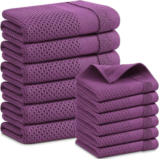 Homaxy Kitchen Towels and Dishcloths Set, 12 x 12 and 13 x 28 Inches, Set of 12 100% Cotton Waffle Weave Kitchen Towels, Super Soft and Absorbent Dish Cloths, Purple